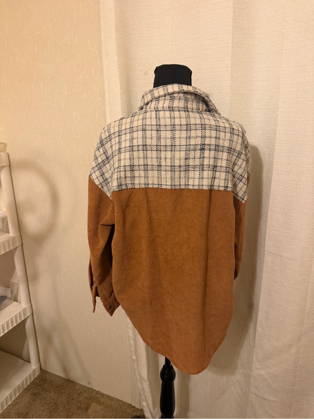 Two-Tone Plaid Yoke Corduroy Utility Jacket in Cream and Brown - Picture 7 of 7